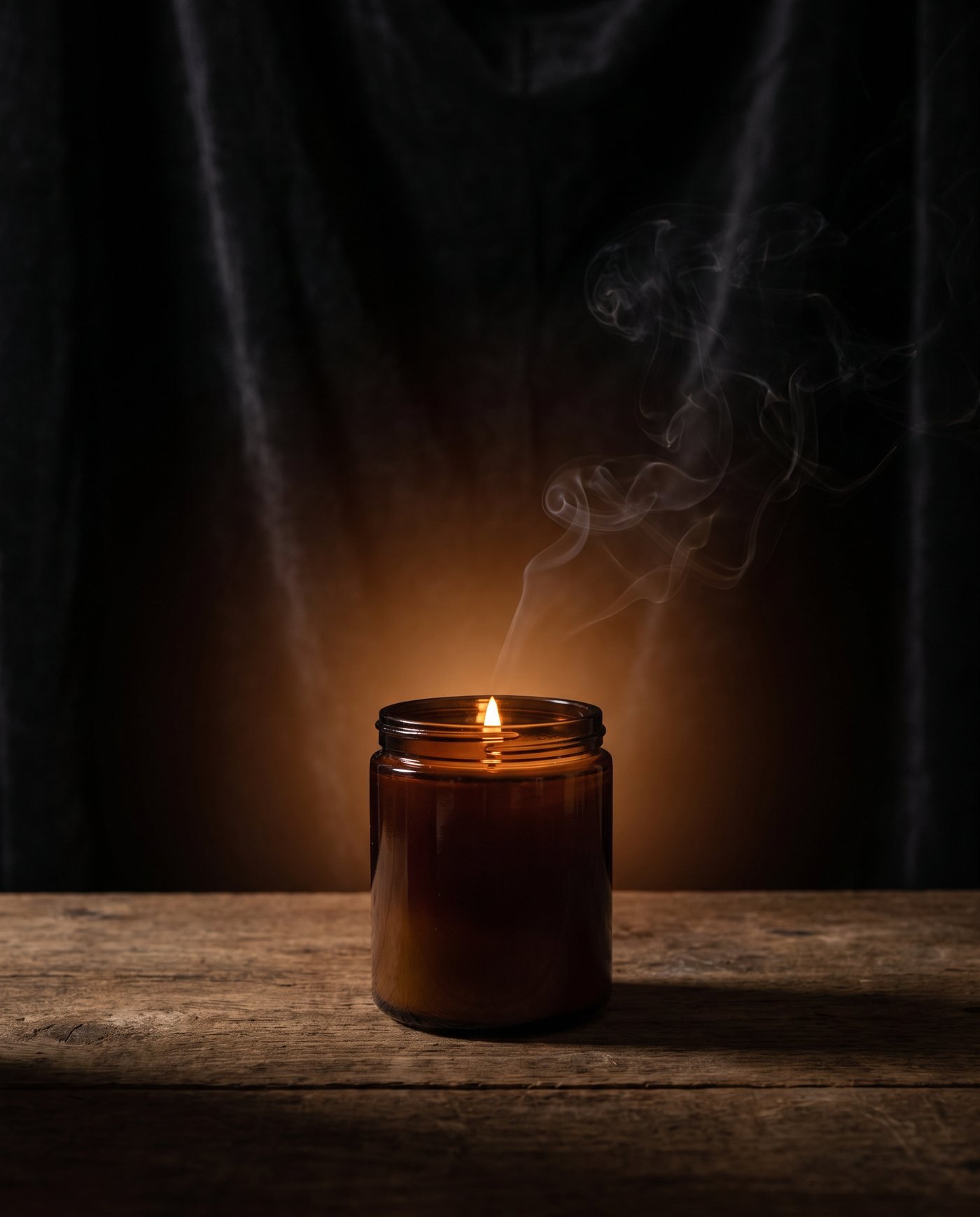A lit Shamaa candle glowing in a dark room